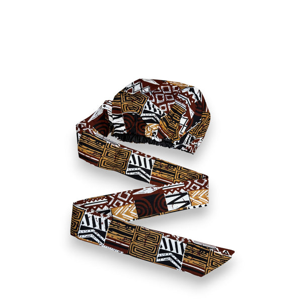 Easy headwrap / einfaches Kopftuch - Satinfutter - Braun Bogolan Mosaik