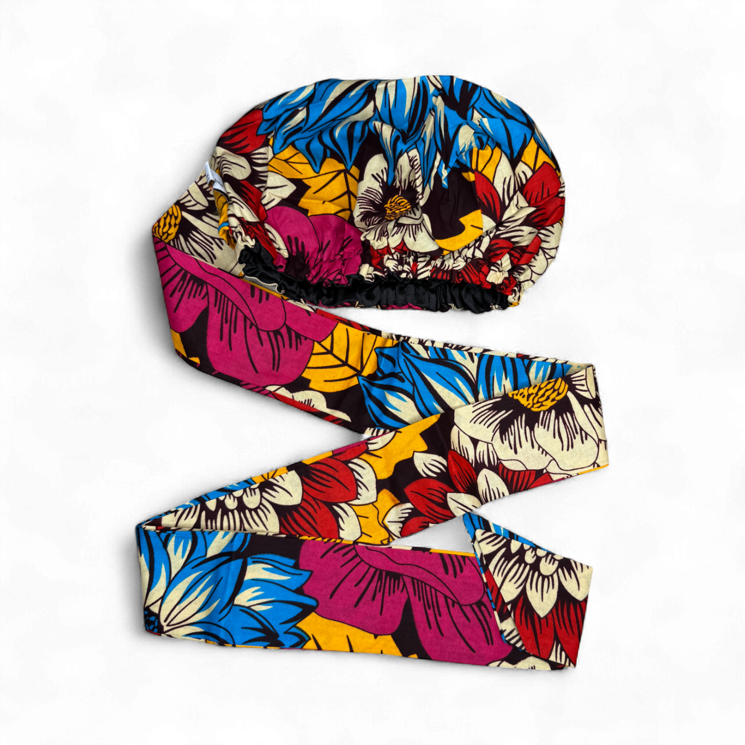 Easy headwrap / einfaches Kopftuch - Satinfutter - Rot & Blau Blumen