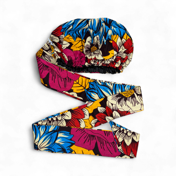 Easy headwrap / einfaches Kopftuch - Satinfutter - Rot & Blau Blumen