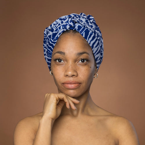 Easy headwrap / einfaches Kopftuch - Satinfutter - Blau Ndop Kamerun