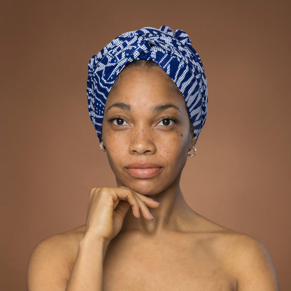 Easy headwrap / einfaches Kopftuch - Satinfutter - Blau Ndop Kamerun