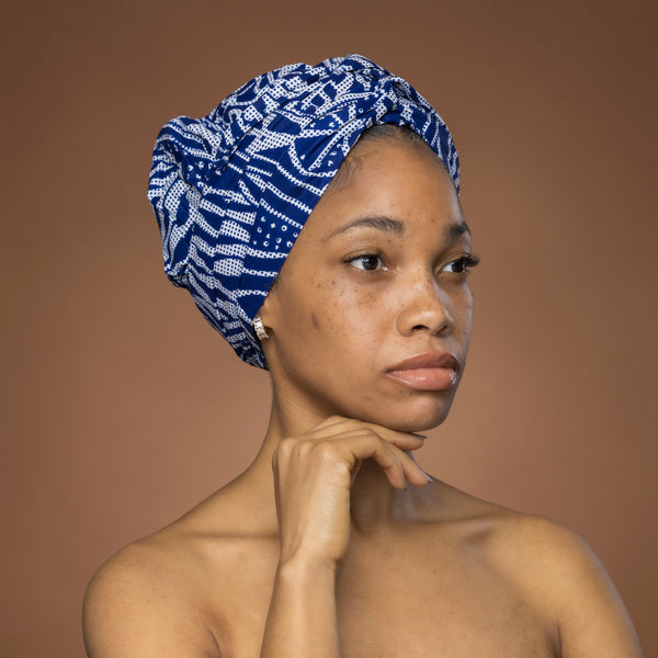Easy headwrap / einfaches Kopftuch - Satinfutter - Blau Ndop Kamerun
