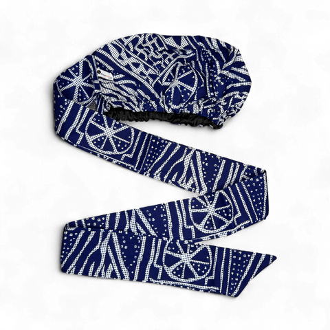 Easy headwrap / einfaches Kopftuch - Satinfutter - Blau Ndop Kamerun