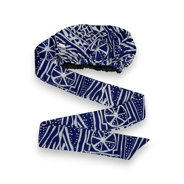 Easy headwrap / einfaches Kopftuch - Satinfutter - Blau Ndop Kamerun