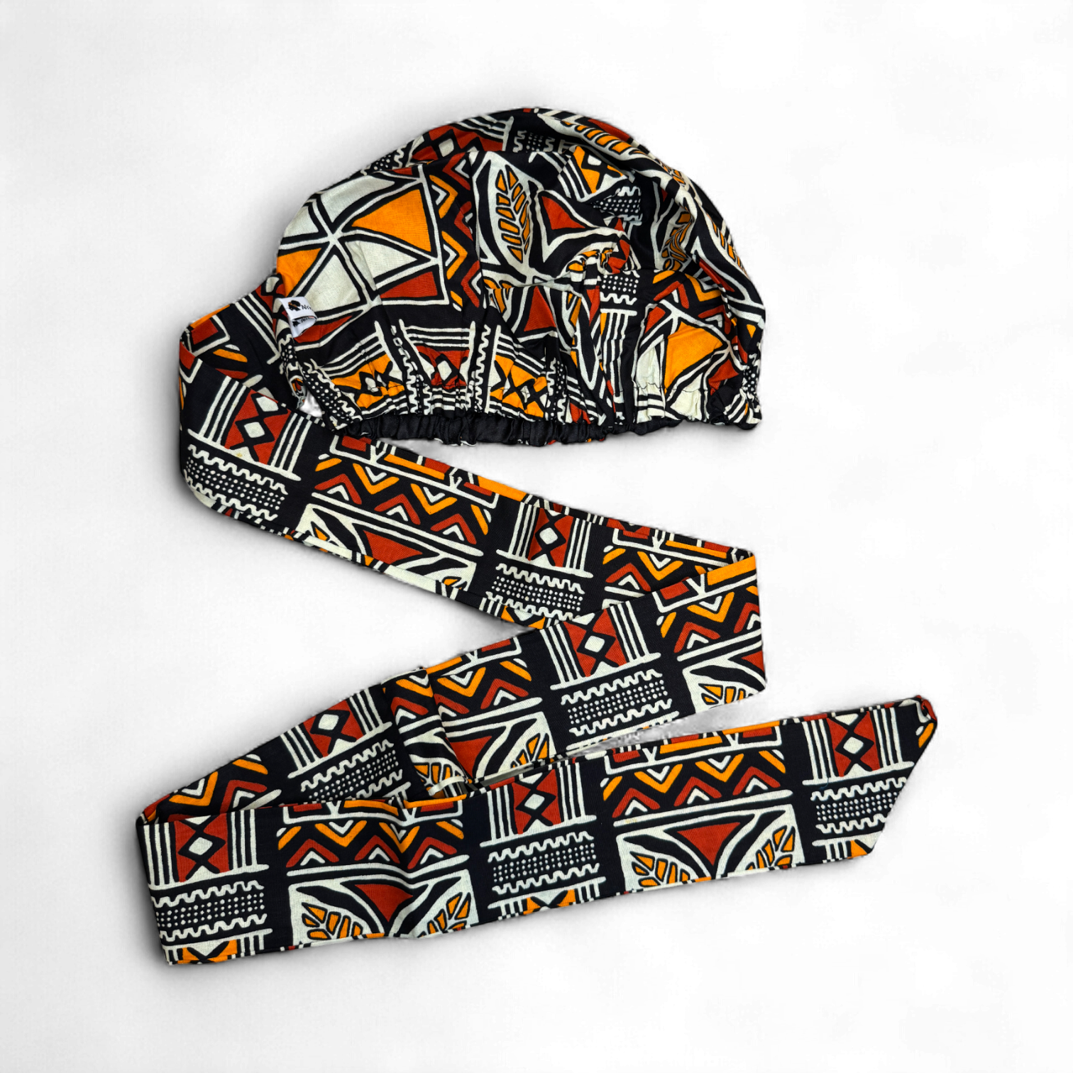 Easy headwrap / einfaches Kopftuch - Satinfutter - Rot & Orange Bogolan Symbole