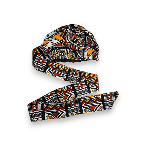 Easy headwrap / einfaches Kopftuch - Satinfutter - Rot & Orange Bogolan Symbole