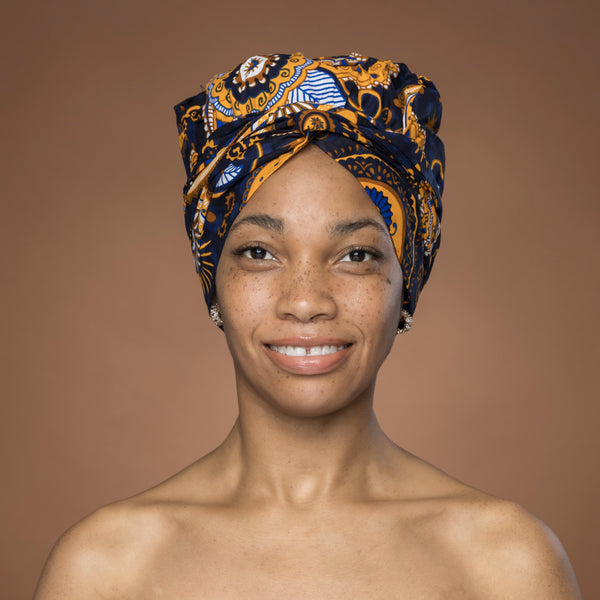 Easy headwrap / einfaches Kopftuch - Satinfutter - Blau Gelb Paisley