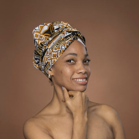 Easy headwrap / einfaches Kopftuch - Satinfutter - Khaki Bogolan Mosaic