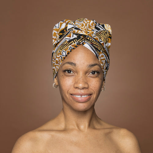 Easy headwrap / einfaches Kopftuch - Satinfutter - Khaki Bogolan Mosaic