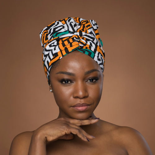 Easy headwrap / einfaches Kopftuch - Satinfutter - Petrol Gelb Kuba Blocks Congo
