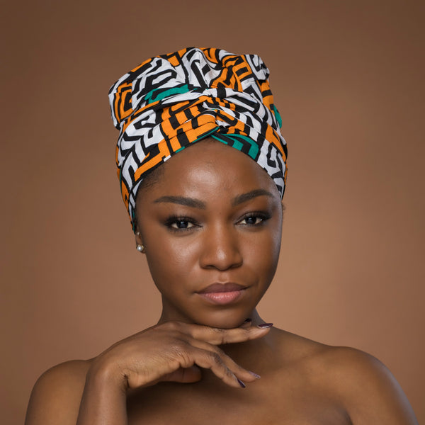 Easy headwrap / einfaches Kopftuch - Satinfutter - Petrol Gelb Kuba Blocks Congo