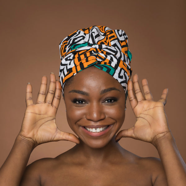 Easy headwrap / einfaches Kopftuch - Satinfutter - Petrol Gelb Kuba Blocks Congo