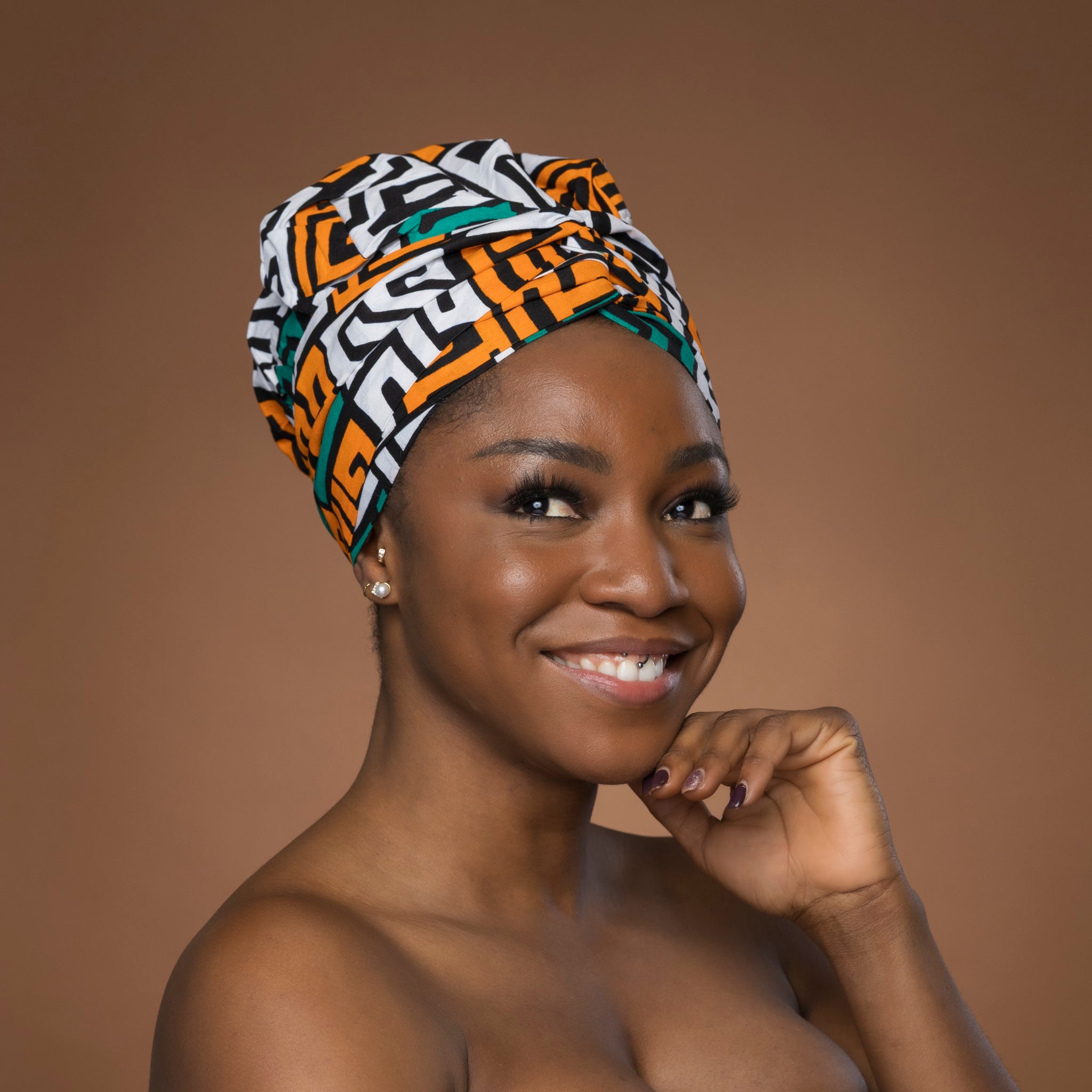 Easy headwrap / einfaches Kopftuch - Satinfutter - Petrol Gelb Kuba Blocks Congo