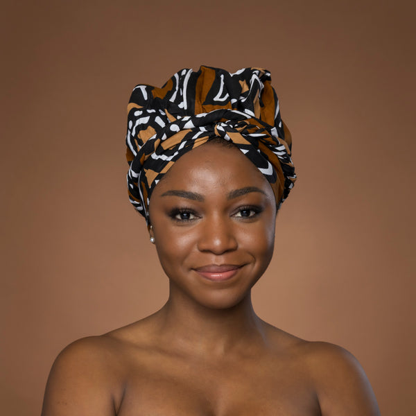 Easy headwrap / einfaches Kopftuch - Satinfutter - Braun & Beige Bogolan