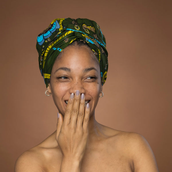 Easy headwrap / einfaches Kopftuch - Satinfutter - Grün Botanical Flow