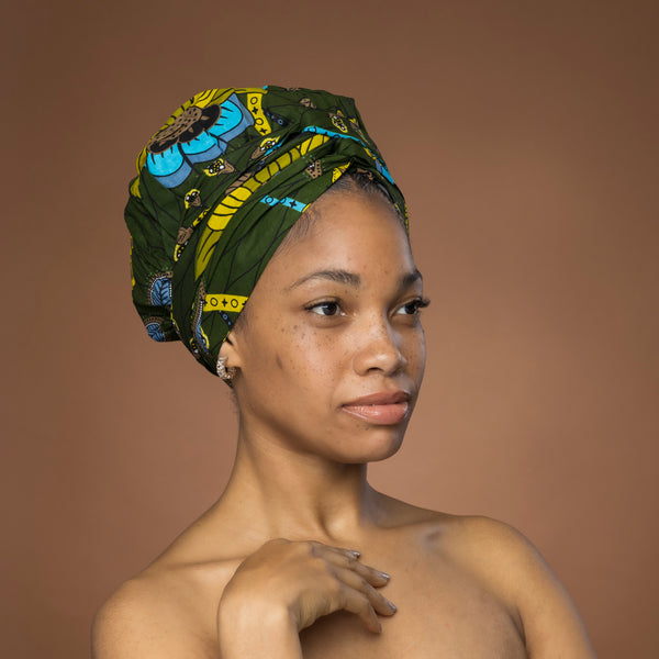 Easy headwrap / einfaches Kopftuch - Satinfutter - Grün Botanical Flow