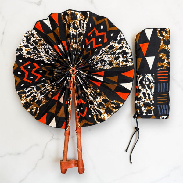 Afrikanischer Handfächer - Ankara Druck Handfächer - Braun Schwarz Yawson