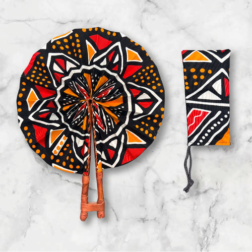Afrikanischer Handfächer - Ankara Druck Handfächer - Schwarz Rot Yaw
