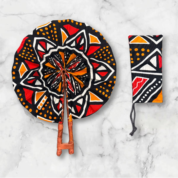 Afrikanischer Handfächer - Ankara Druck Handfächer - Schwarz Rot Yaw