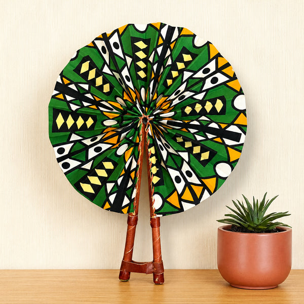 African Hand fan - Ankara print Hand fan - Green Yellow Asare