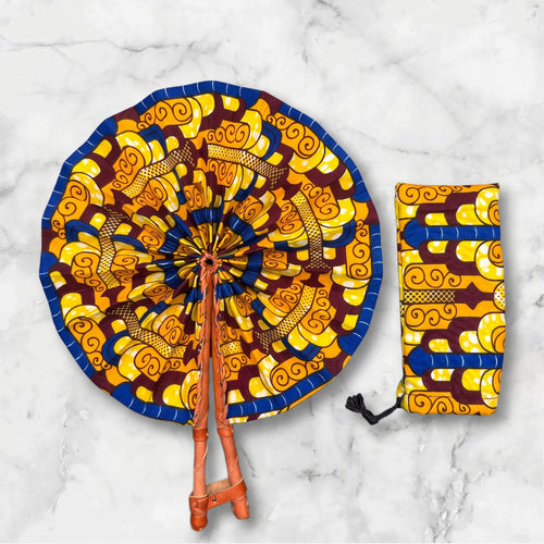 Afrikanischer Handfächer - Ankara Druck Handfächer - Gelb Blau Adeola