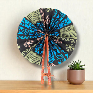 Afrikanischer Handfächer - Ankara Druck Handfächer - Monday - Blau