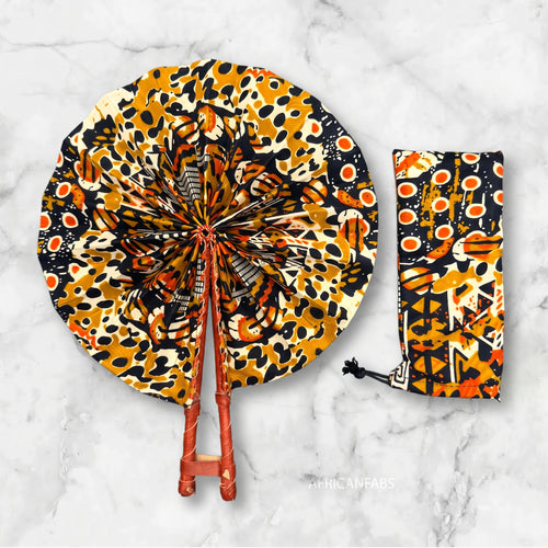 Afrikanischer Handfächer - Ankara Druck Handfächer - Schwarz Creme Bukola