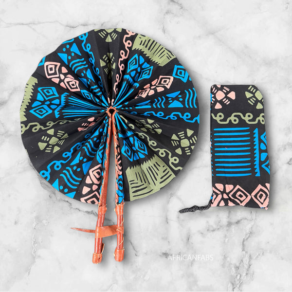 Afrikanischer Handfächer - Ankara Druck Handfächer - Monday - Blau