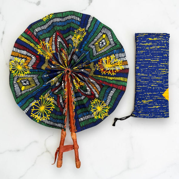 Afrikanischer Handfächer - Ankara Druck Handfächer - Blau Gelb Boakye