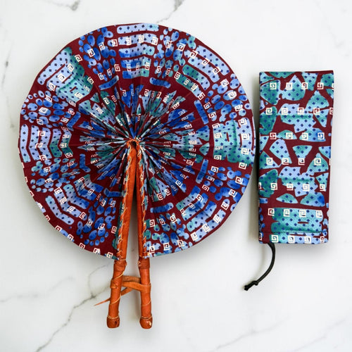 Afrikanischer Handfächer - Ankara Druck Handfächer - Bordeaux Hellblau Antwi
