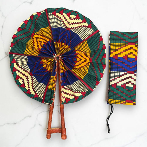 Afrikanischer Handfächer - Ankara Druck Handfächer - Blau Gelb Frimpong