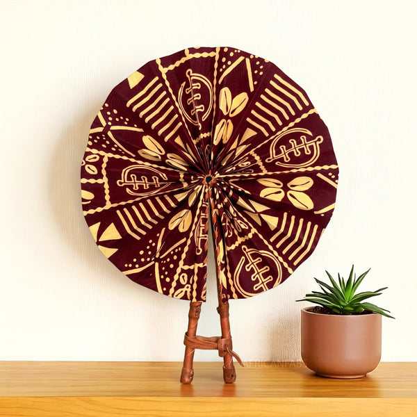 African Hand fan - Ankara print Hand fan - Burgundy Beige Gbemisola