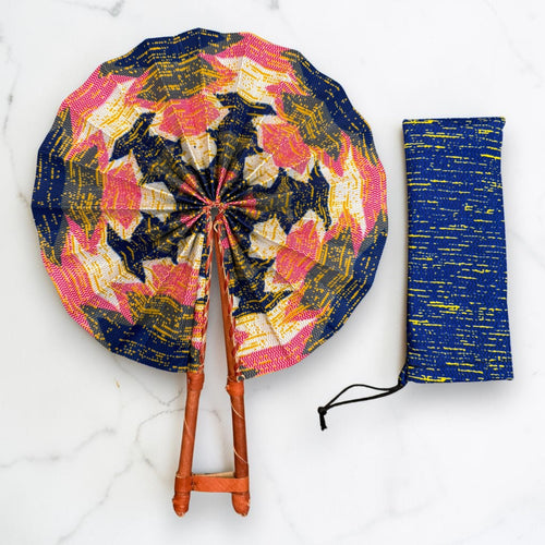 Afrikanischer Handfächer - Ankara Druck Handfächer - Rosa Blau Ankomah