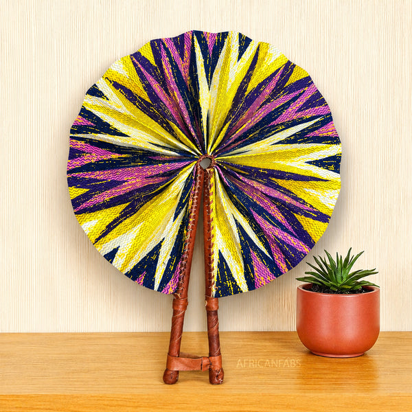 African Hand fan - Ankara print Hand fan - Yellow Pink Amoako