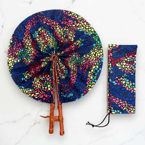Afrikanischer Handfächer - Ankara Druck Handfächer - Blau Rosa Mensah