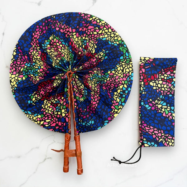 Afrikanischer Handfächer - Ankara Druck Handfächer - Blau Rosa Mensah