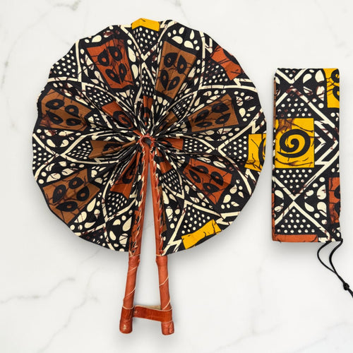 Afrikanischer Handfächer - Ankara Druck Handfächer - Senfgelb Braun Aidoo