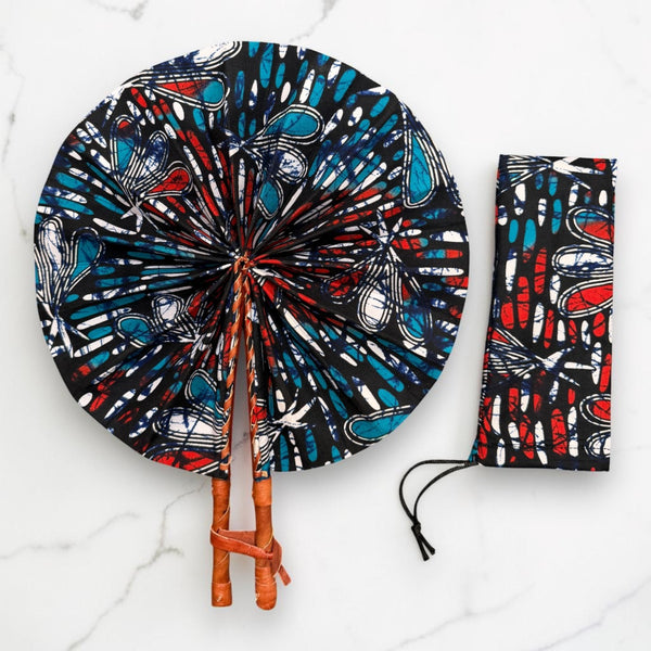 Afrikanischer Handfächer - Ankara Druck Handfächer - Blau Rot Quartey