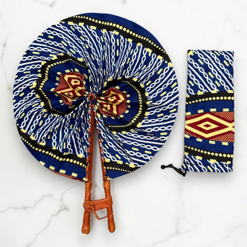 Afrikanischer Handfächer - Ankara Druck Handfächer - Blau Creme Afful