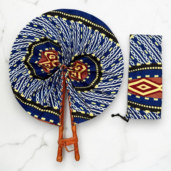Afrikanischer Handfächer - Ankara Druck Handfächer - Blau Creme Afful