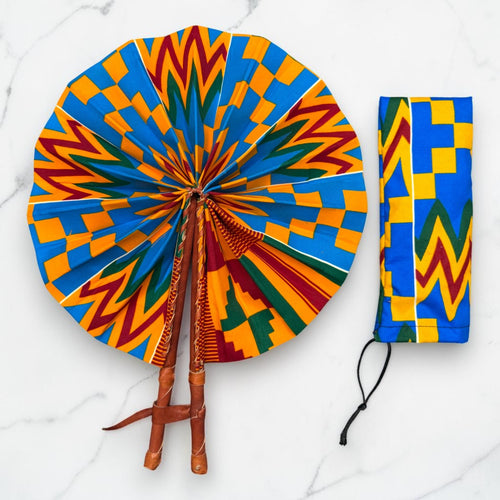 Afrikanischer Handfächer - Ankara Druck Handfächer - Blau Orange Adomako