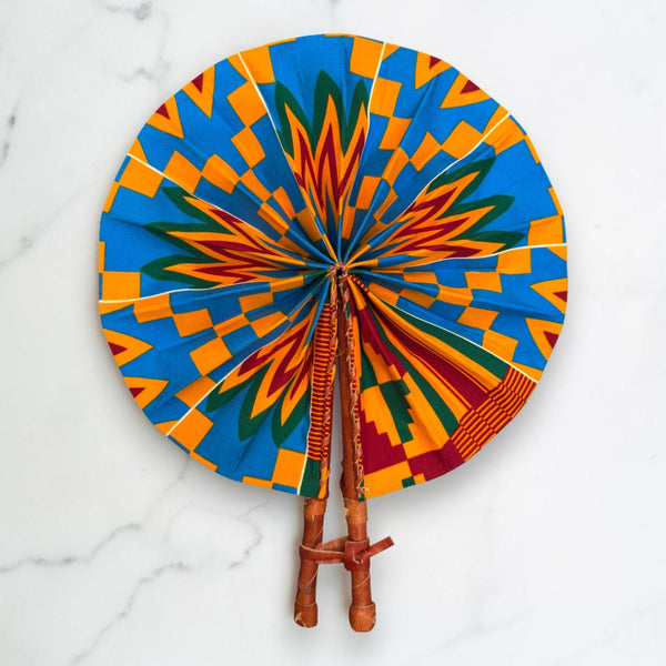 Afrikanischer Handfächer - Ankara Druck Handfächer - Blau Orange Adomako
