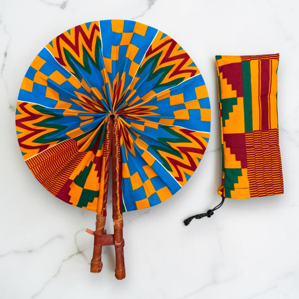 Afrikanischer Handfächer - Ankara Druck Handfächer - Blau Orange Adomako