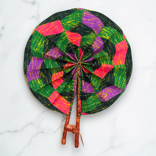 Afrikanischer Handfächer - Ankara Druck Handfächer - Orange Grün Akuffo