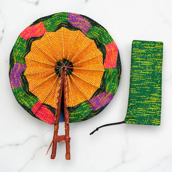Afrikanischer Handfächer - Ankara Druck Handfächer - Orange Grün Akuffo