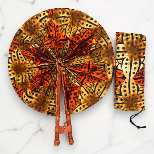 Afrikanischer Handfächer - Ankara Druck Handfächer - Orange Creme Bonsu