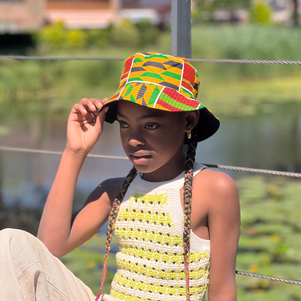 Bucket hat / Fischerhut mit afrikanischem Print - Gelb Kente - Kinder & Erwachsene Größen (Unisex)