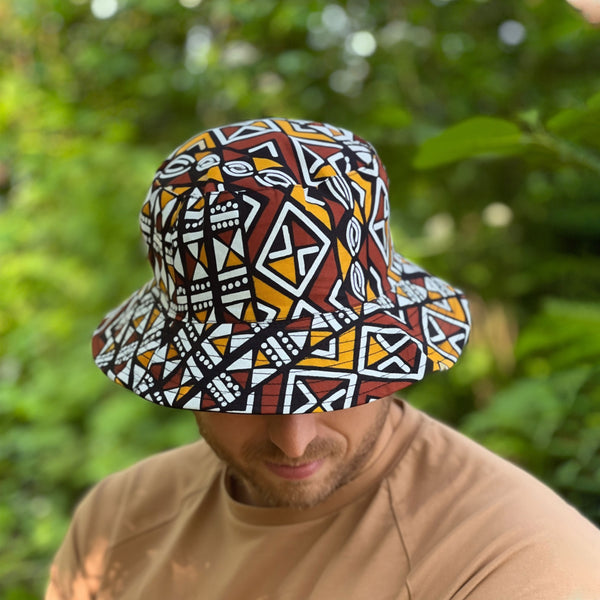 Bucket hat / Fischerhut mit afrikanischem Print - Senf Bogolan - Kinder & Erwachsene Größen (Unisex)