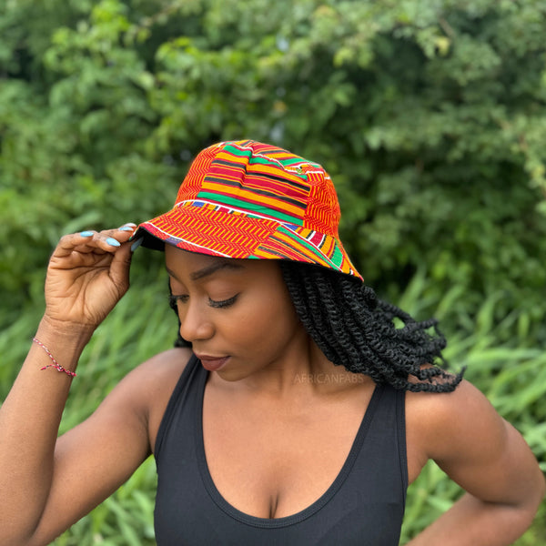 Bucket hat / Fischerhut mit afrikanischem Print - Rote Kente - Kinder & Erwachsene Größen (Unisex)