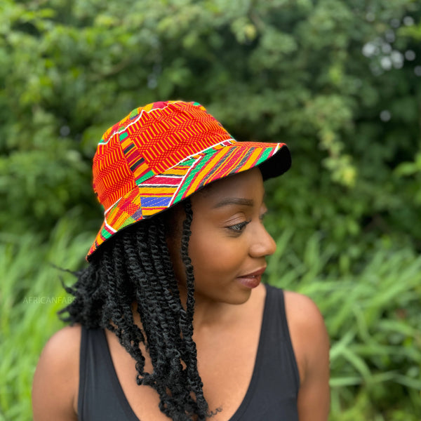 Bucket hat / Fischerhut mit afrikanischem Print - Rote Kente - Kinder & Erwachsene Größen (Unisex)